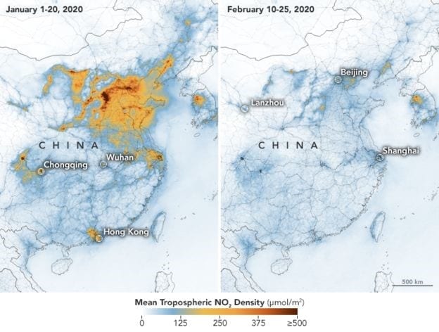 A map of China showing how CO2 emmissions have reduced since 2019